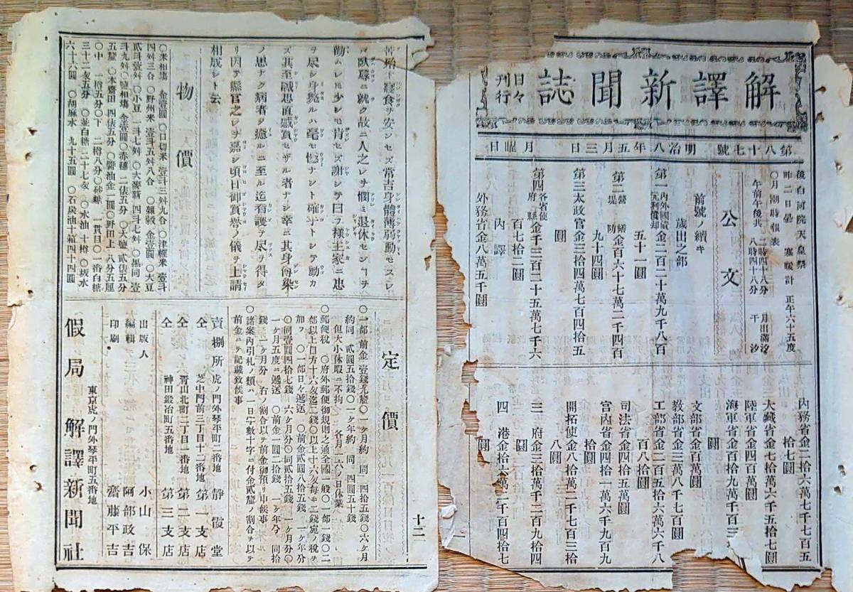 f20121601〇明治新聞 解譯新聞誌 歳出歳入 記録文書の儀 新紙幣５円札 新吉原の茶屋 離縁状の事 物価 米相場 第87号 明治８年〇和本古書_画像1