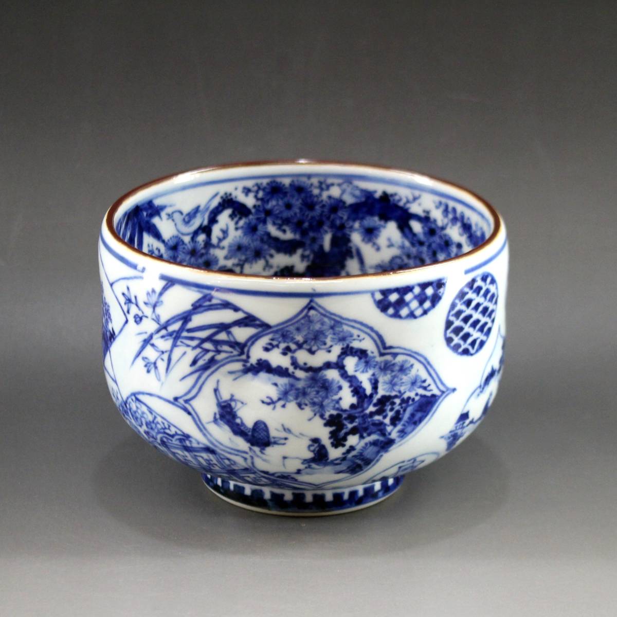 【村田陶苑】 染付内ハガシ 松竹梅 茶碗 鵬雲斎箱 共箱 茶道具 八塔亭二寧 歳寒三友 末広 扇子 扇面 地紙
