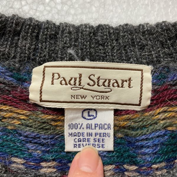 80\'s 90\'spe Roo производства paul (pole) Stuart окантовка общий рисунок альпака шерсть вязаный свитер (L) вырез лодочкой Paul Stuart 90 годы 