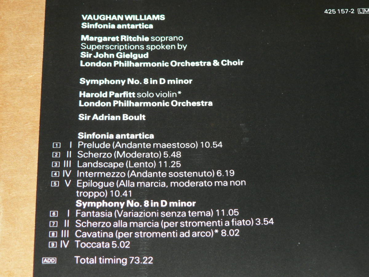 CD（西独LONDON盤）／ヴォーン・ウィリアムズ「Sinfonia　antartica＆交響曲第8番」　ギールグッド、ボールト　’89年盤／帯なし、美盤_収録内容