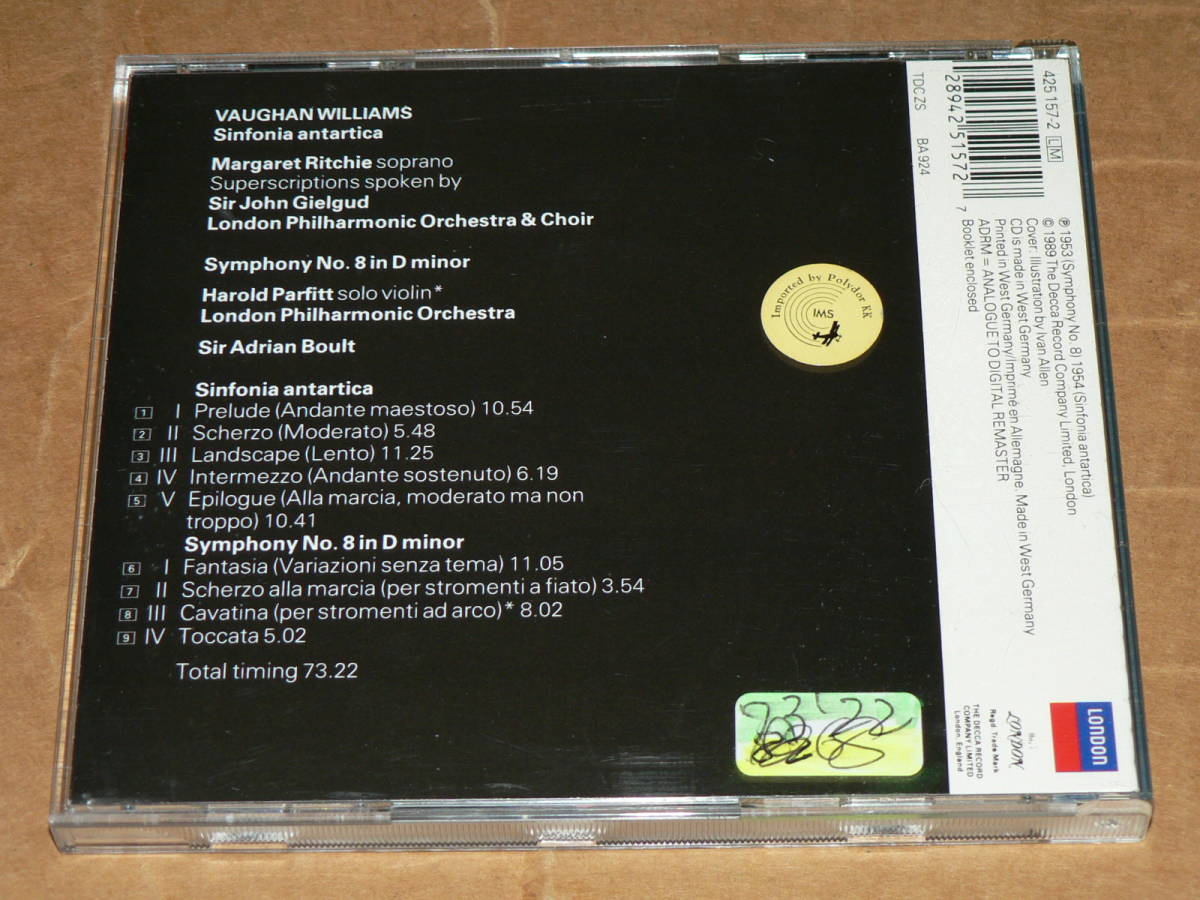 CD（西独LONDON盤）／ヴォーン・ウィリアムズ「Sinfonia　antartica＆交響曲第8番」　ギールグッド、ボールト　’89年盤／帯なし、美盤_知る貼付有り