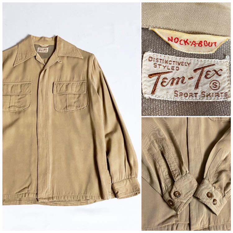 40's 50's TEM TEX テムテックス ヴィンテージ オープンカラー レーヨン シャツ ジャケット Sサイズ ベージュ 尿素ボタン フラップポケット_画像1