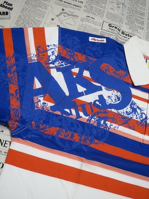 アカデミクス AKS Akademiks 良品 新古品タグ付き ポロシャツ 半袖 ボーダー ブランドロゴ XL オレンジ 白 V-003752_画像5