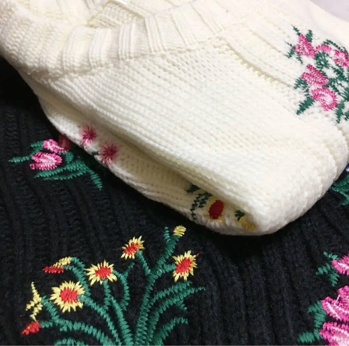 新品 フラワー刺繍ニット セーター 花柄 花刺繍 黒 白 新品 フラワー刺繍ニット セーター 花柄 花刺繍 黒 白