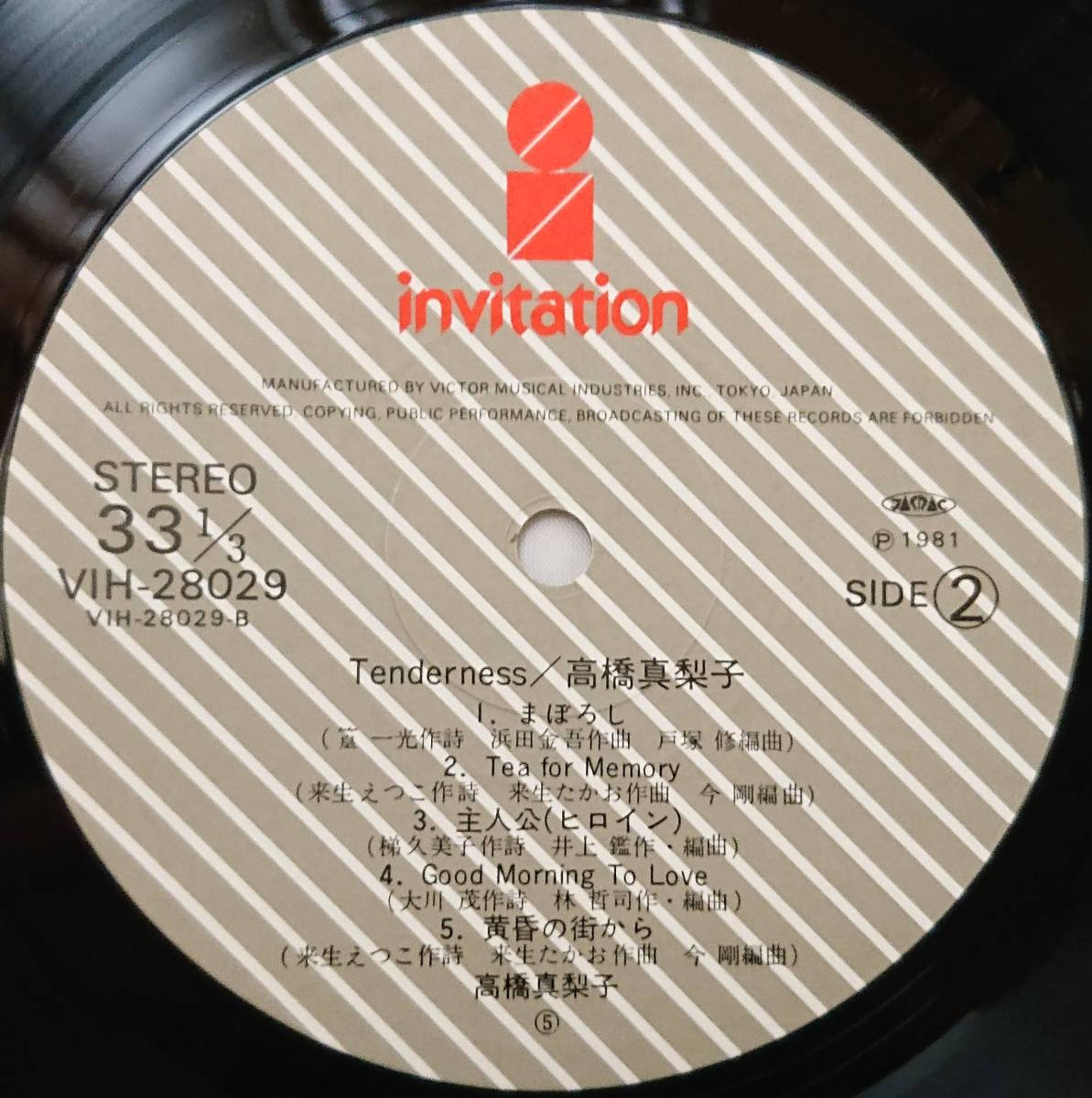 高橋真梨子 : Tenderness テンダネス 帯なし 国内盤 中古 アナログ LPレコード盤 1981年 VIH-28029 M2-KDO-61_画像6