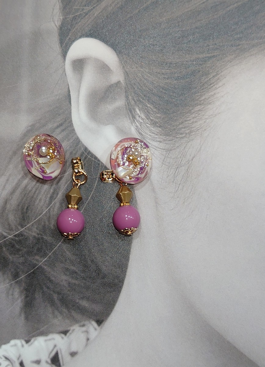 Paypayフリマ ハンドメイド レジン ピンク系マーブルのツーウェイピアス Paypayフリマ ハンドメイド レジン ピンク系マーブルのツーウェイピアス