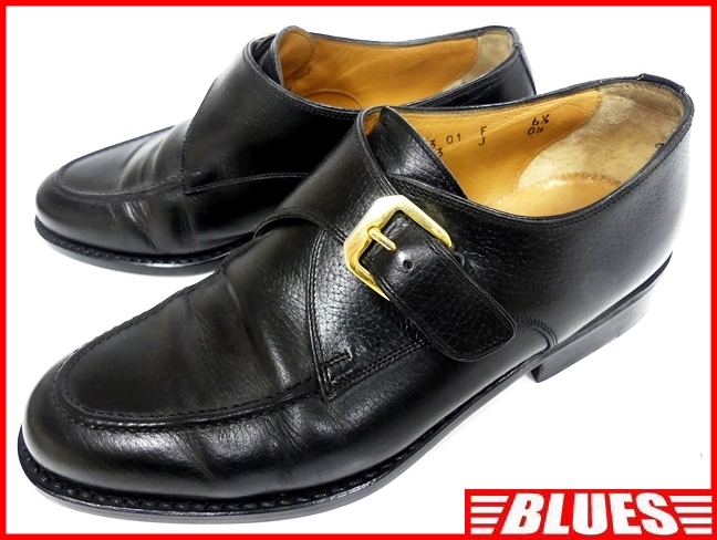 即決★イタリア製 Santoni★25cm位 レザーモンクストラップシューズ サントーニ メンズ 6.5 黒 ブラック 本革 ベルトストラップ 本皮 革靴