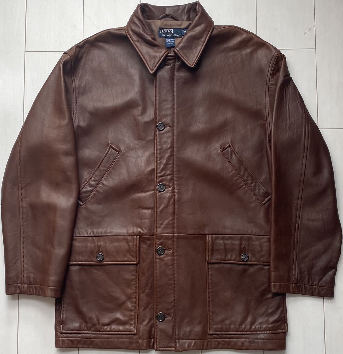 送料無料 美品 90s vintage POLO ラルフローレン leather ラム レザー ハーフ コート ジャケット カーコート 羊革 brownブラウン 茶 rrl XL_画像2