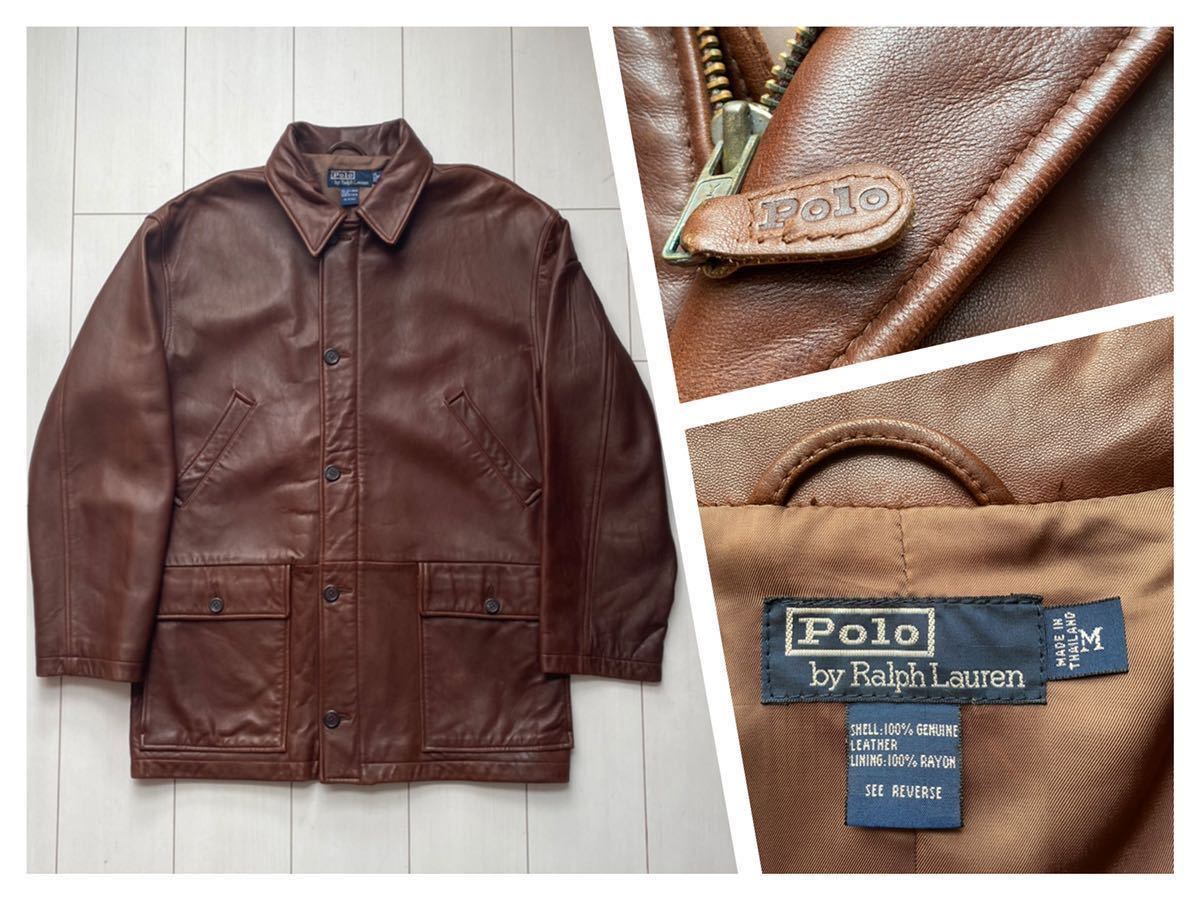 送料無料 美品 90s vintage POLO ラルフローレン leather ラム レザー ハーフ コート ジャケット カーコート 羊革 brownブラウン 茶 rrl XL