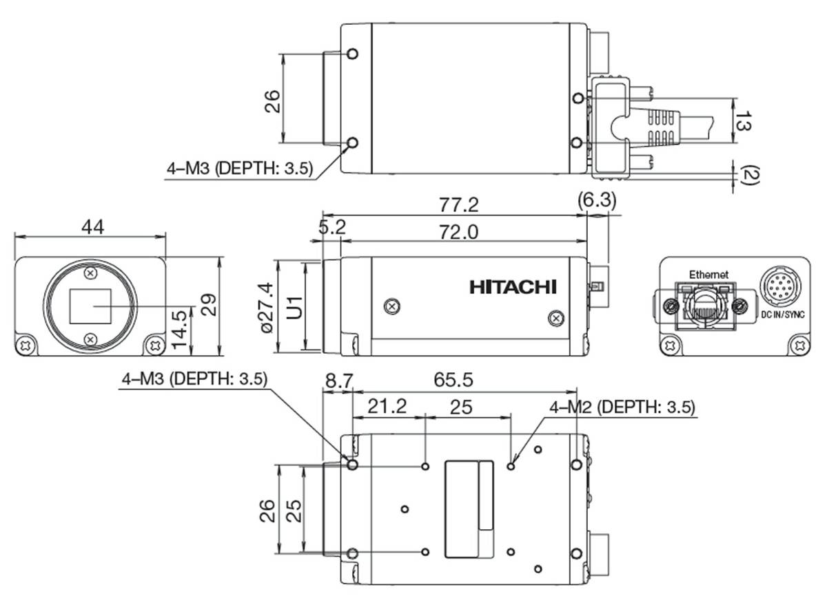 ★ 日立/hitachi　GigE Vision　KP-F33GV　モノクロCCDカメラ　1/3”　VGA　90fps　Giga Ethernet　動作品　美品　FA産業用_寸法図