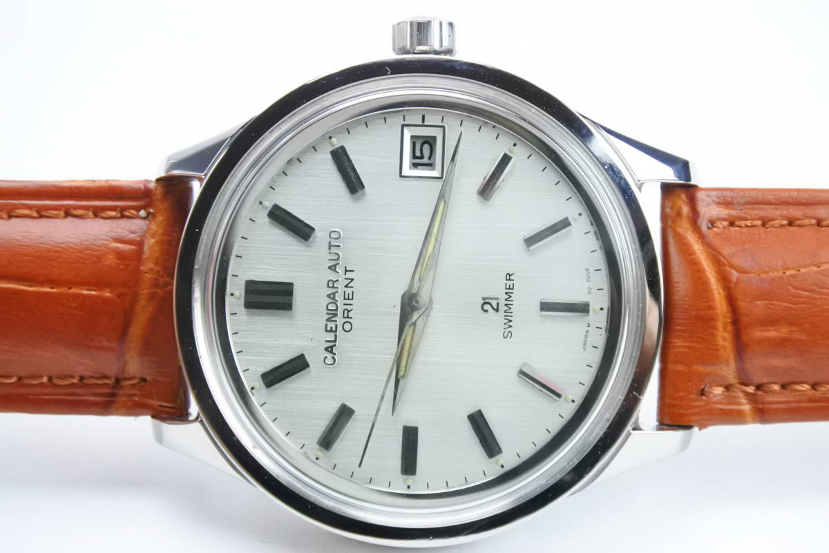 ***. Mark 1960 period domestic production name machine Orient CALENDAR AUTO ORIENT 21 stone SWIMMER F19770 self-winding watch gentleman wristwatch excellent article 