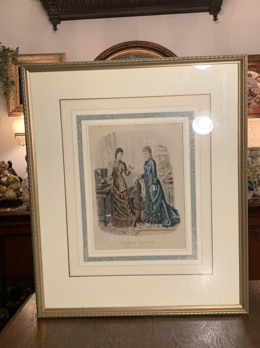 フランスアンティーク 銅版画 石版画 手彩色 豪華額装
