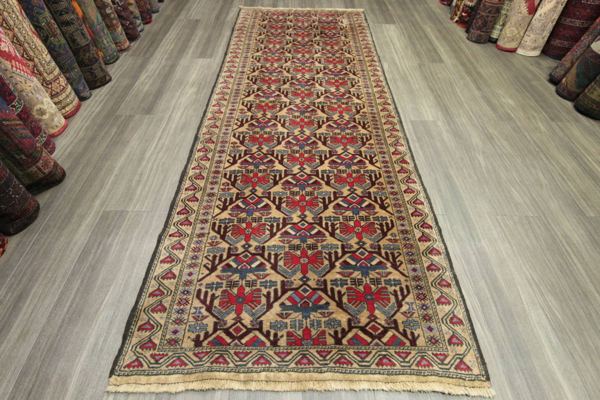 アンティーク トルクメン絨毯 アフガニスタン トライバルラグ 部族絨毯 手織りオールド絨毯 ランナー 98x258cm ＃453