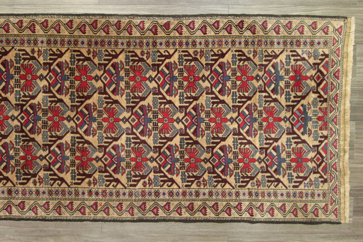 アンティーク トルクメン絨毯 アフガニスタン トライバルラグ 部族絨毯 手織りオールド絨毯 ランナー 98x258cm ＃453 