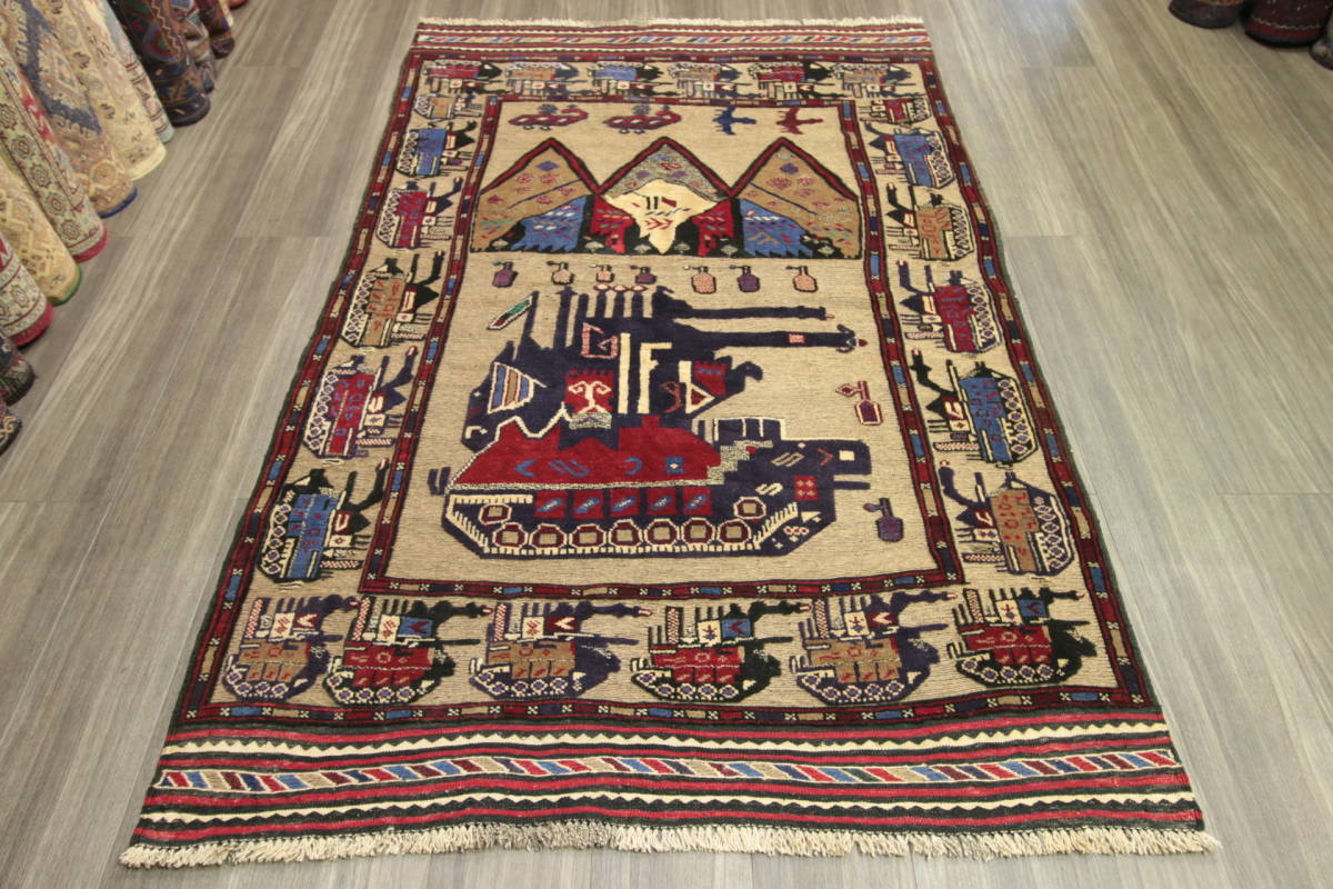 War Rug　アフガニスタン　ミリタリーデザイン　部族絨毯　トライバルラグ　オールド手織り絨毯　122x185cm　＃96