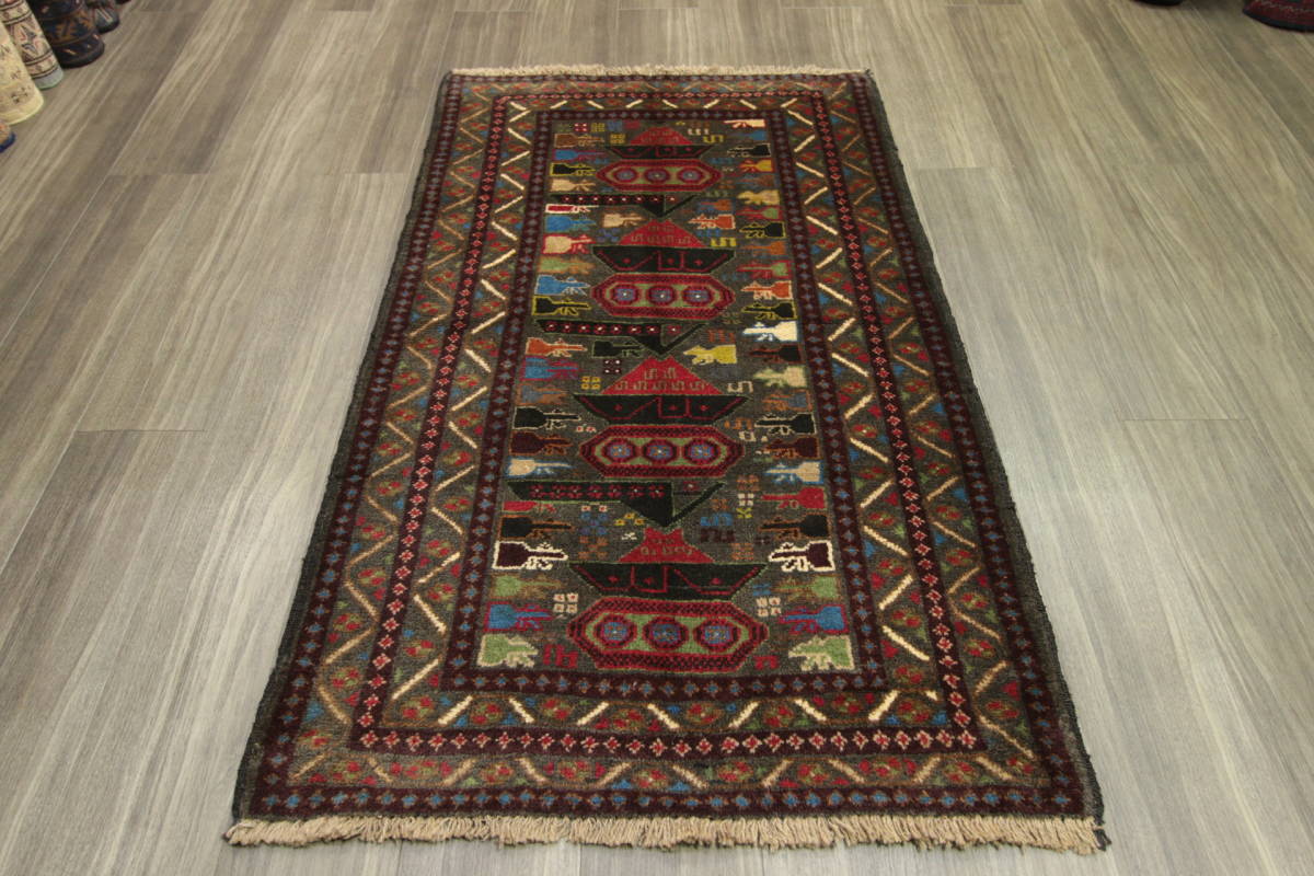 War Rug　アフガニスタン　ミリタリーデザイン　部族絨毯　トライバルラグ　オールド手織り絨毯　89x145cm　＃87