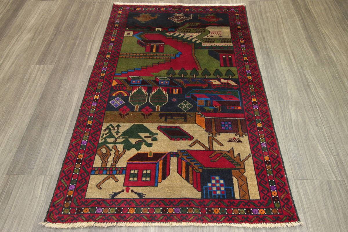 War Rug　アフガニスタン　ミリタリーデザイン　部族絨毯　トライバルラグ　オールド手織り絨毯　85x130cm　＃365