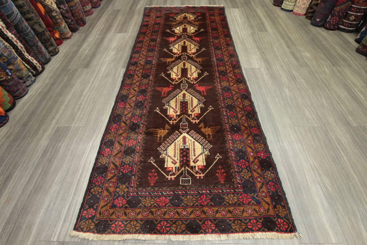 家に宿る幸福の鳥モチーフ アフガニスタン トライバルラグ 部族絨毯 バルーチ族 オールド手織り絨毯 ヴィンテージ 95x243cm ＃462