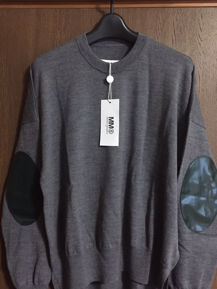 L新品 メゾンマルジェラ MM6 エルボーパッチ ニット クルーネック セーター 18AW size L Maison Margiela 6 マルタン  レディース グレー