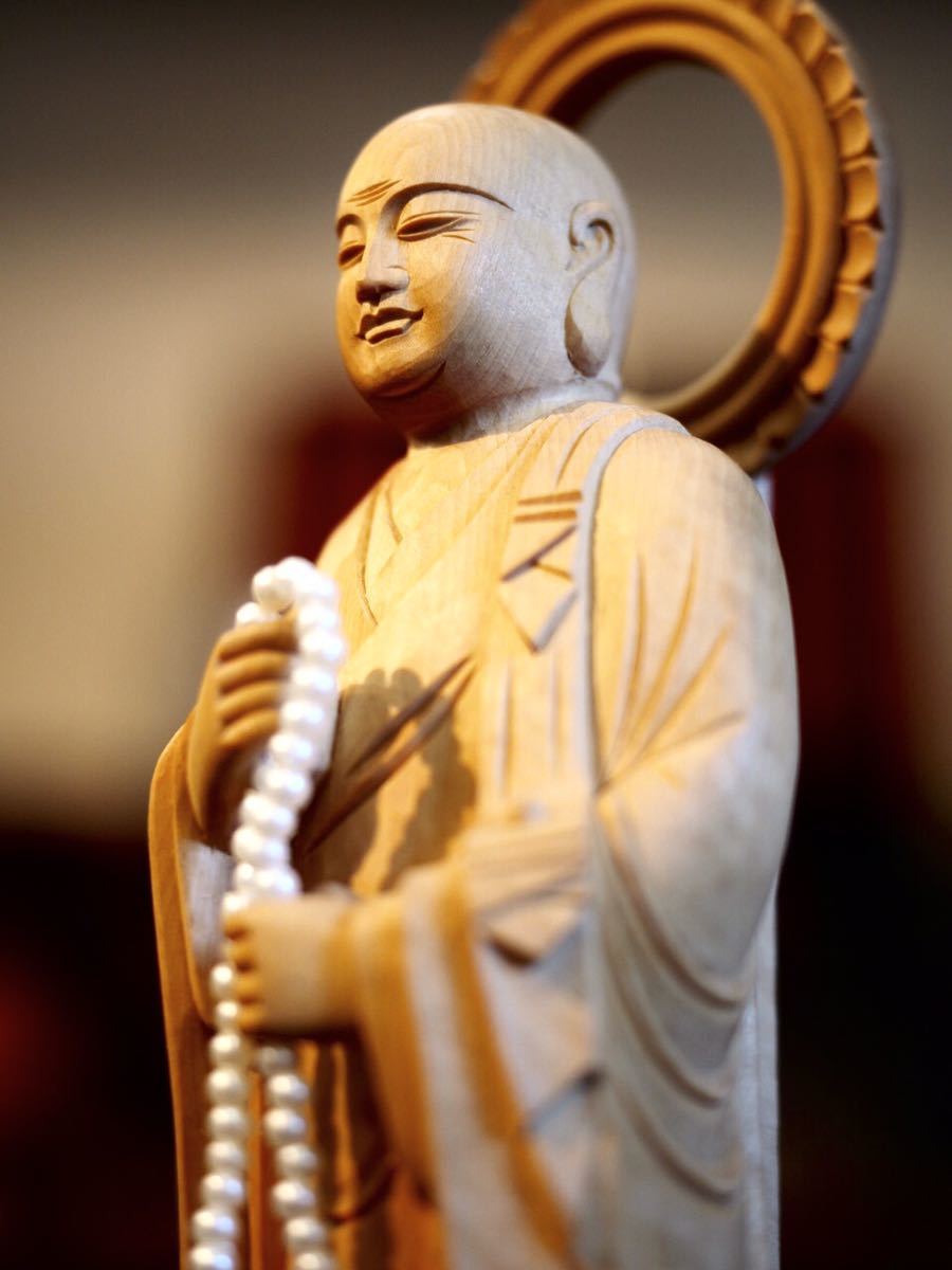 新品未使用 柘植丸座 法然上人+善導大師セット 4.5寸 仏教美術 木彫