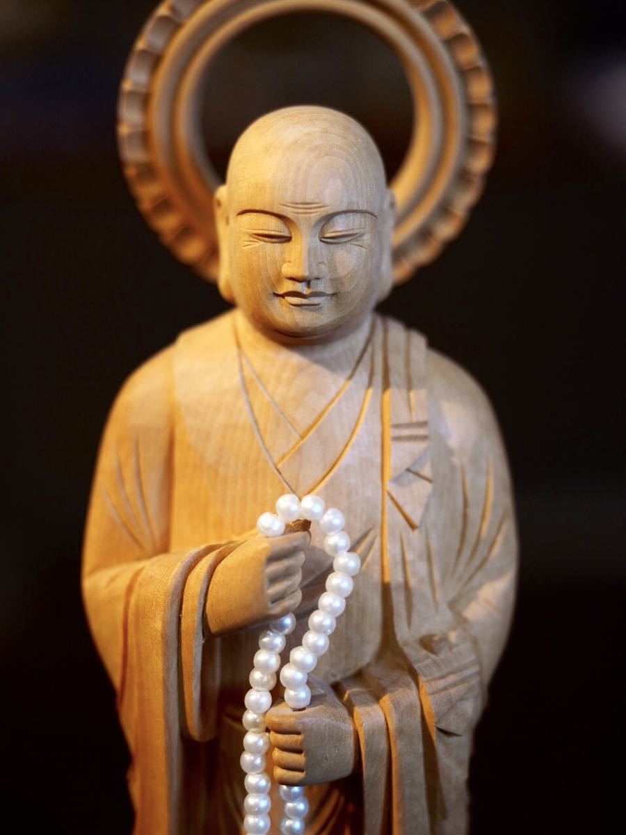 新品未使用 柘植丸座 法然上人+善導大師セット 4.5寸 仏教美術 木彫
