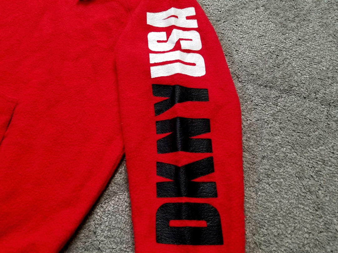 ～90s 新品デッド DKNY NYC 袖プリント スウェットパーカー 赤 黒 L 90年代 ダナキャラン ビンテージ 裏表逆仕様_画像3