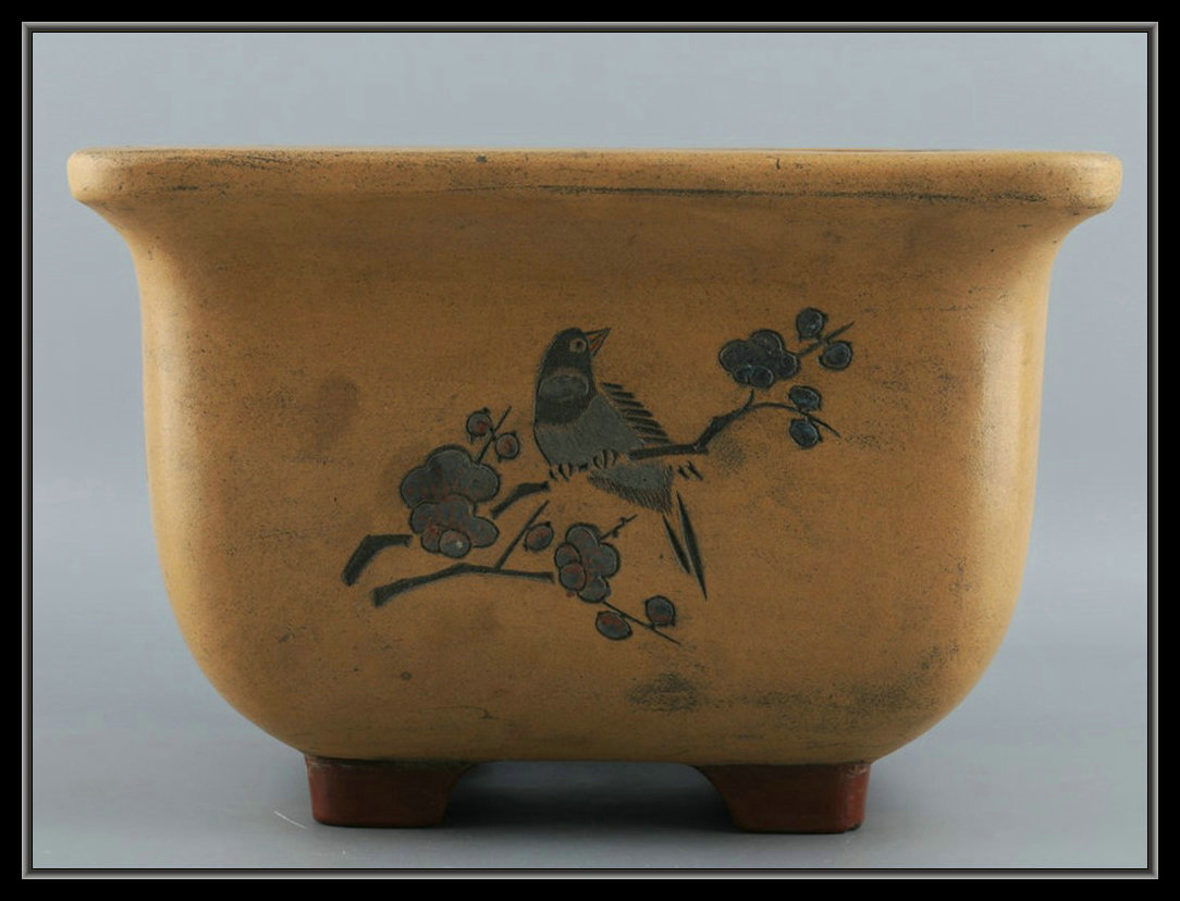 多寶屋】XD521□中国古盆器 白泥釘彫絵 花鳥の図 題漢詩文 正方形花鉢
