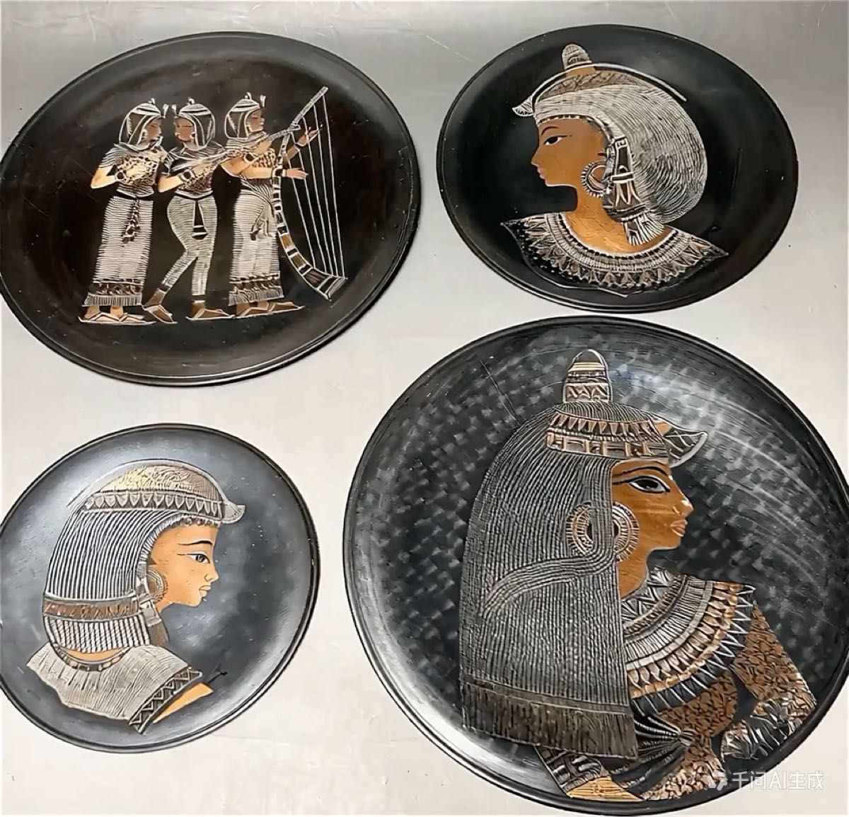 A037 エジプト 壁掛け飾り皿 4枚セット 古代エジプト風 装飾プレートエジプト 真鍮製 銅製 30cm 
