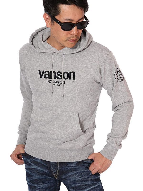 当店別注 VANSON 定番ロゴ プルオーバーパーカー スタンダードサイズ ACVA-901 グレー Sサイズ　バンソン ハーレー 刺繍