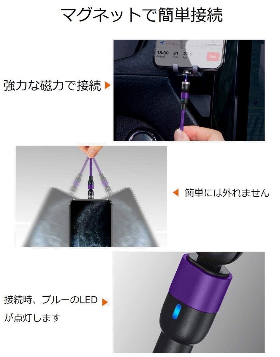 【3A端子2つ付き】マグネット式 USB 充電ケーブル データ通信対応 540度回転 USBケーブル