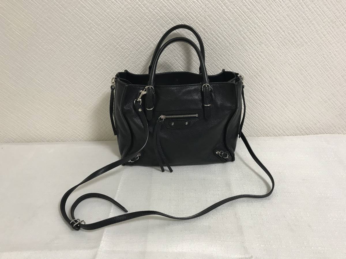 美品本物バレンシアガBALENCIAGA本革レザーミニペーパー2wayショルダーハンドバッグビジネストートバック黒ブラックトラベル旅行レディース_画像1