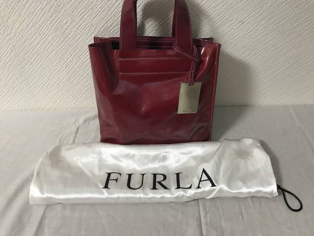 美品本物フルラFURLA本革エナメルレザーハンドバッグパーティーバック赤レッドミニボストンビジネストラベル旅行メンズレディース