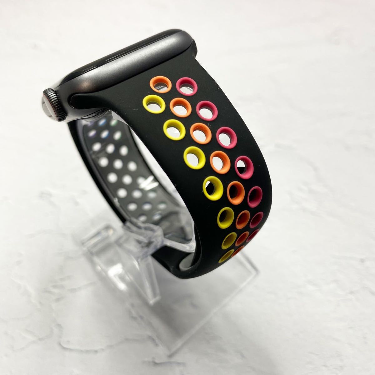 超目玉 Apple Watch スポーツ バンド ブラック×レインボー アップルウォッチ スポーツバンド レインボーブラック 42 44 45 49 S M アップル