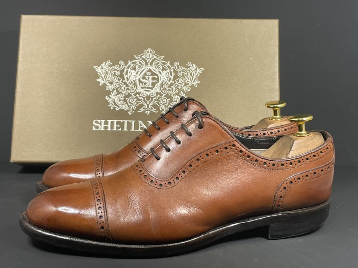 即決 送料込み SHETLANDFOX シェットランドフォックス 24.5cm相当 US6.5 メンズ クォーターブローグ 内羽根式 ブラウン 茶  革靴 520F
