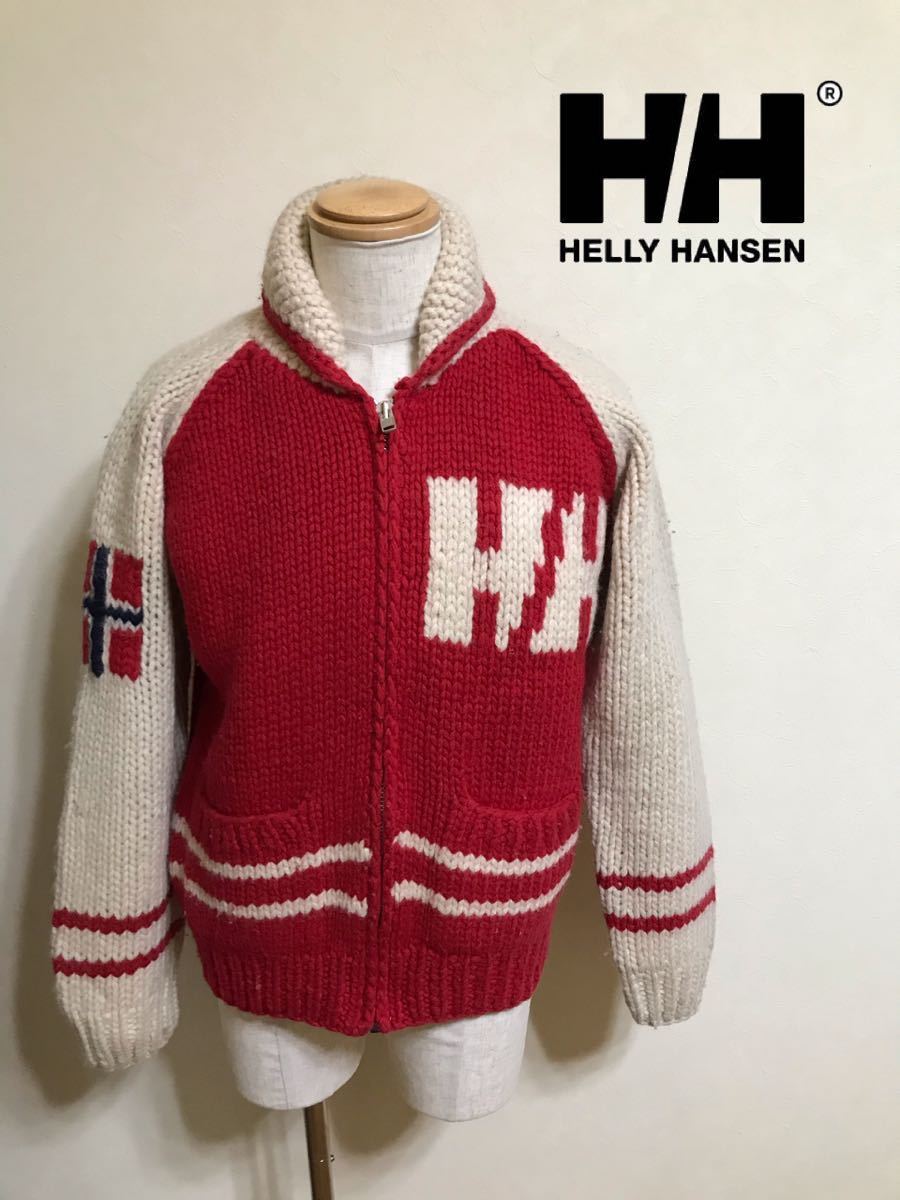 HELLY HANSEN ヘリーハンセン アウトドア ビッグロゴ カウチンセーター ニット ウール アウター トップス サイズM 長袖 赤 3758-9_画像1