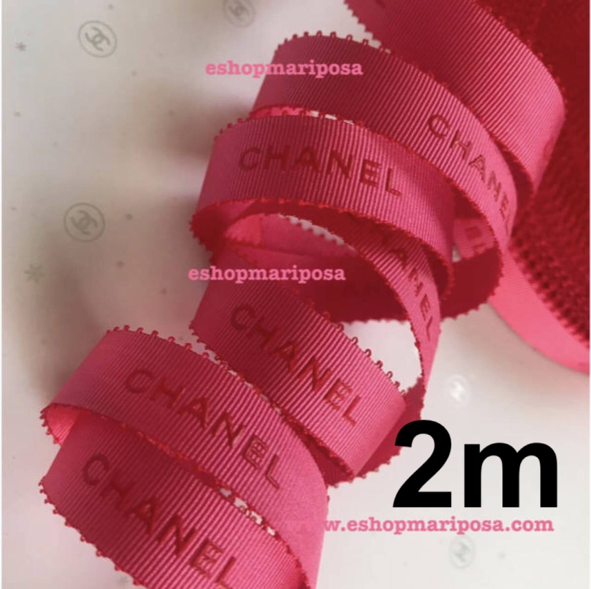 CHANEL◆シャネルリボン 2m フューシャピンク 赤ロゴ入り ネオンピンク ホットピンク 限定リボン レッド 縁取り ラッピングリボン_画像1