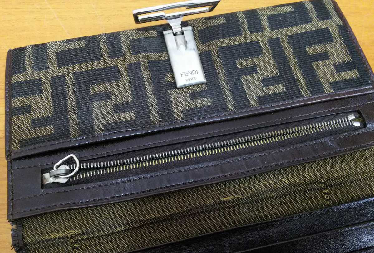 FENDI フェンディ 二つ折り長財布(小銭入れ有) ズッカ柄キャンバス 07-15828-992 シルバー金具 FFロゴ ユニセックス ブラウン×ブラック*_画像5