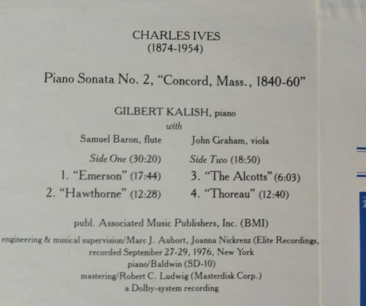 チャールズ・アイヴズ ピアノソナタ2番 マサチューセッツ州コンコード 米NONESUCH盤 CHARLES IVES PIANO SONATA NO.2 CONCORD,MASS KALISH _画像4
