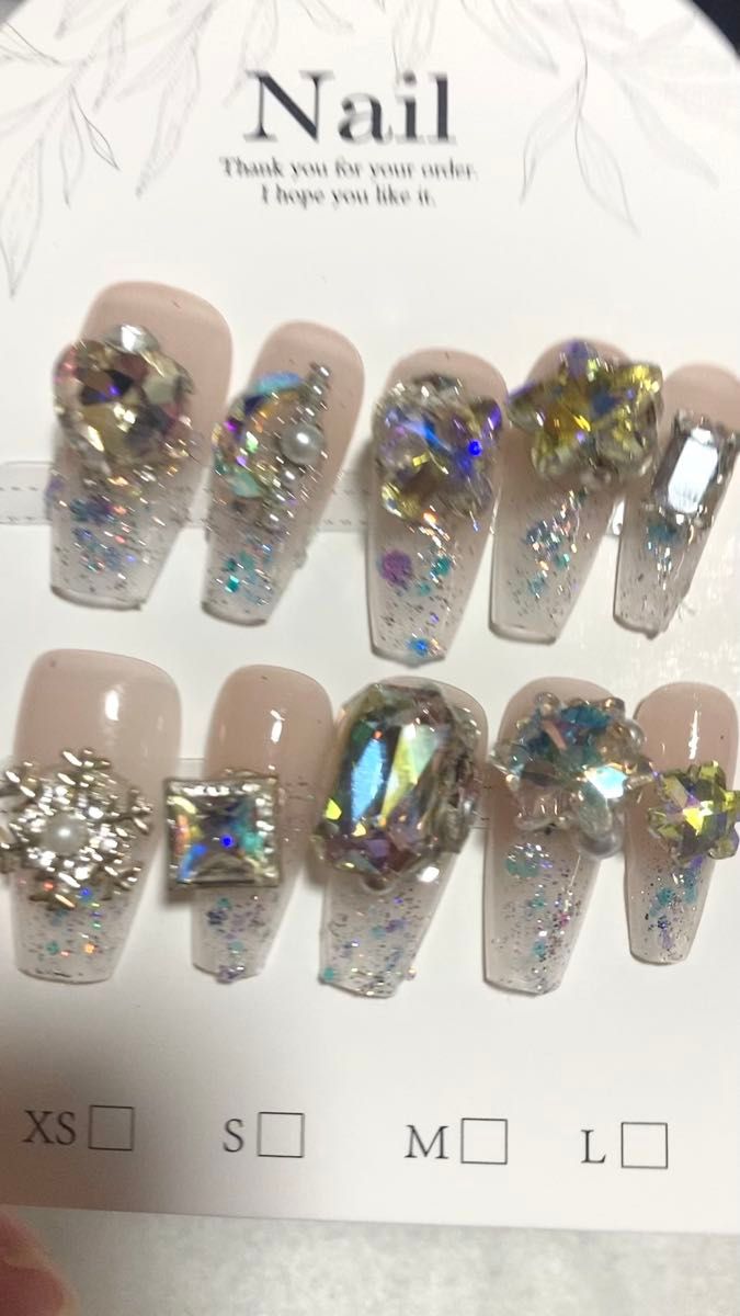 オーロラビジューフレンチネイルチップ　クリアカラー　冬ネイル　 ハンドメイド ネイルチップ ワンホン ロングネイル　ラメネイル