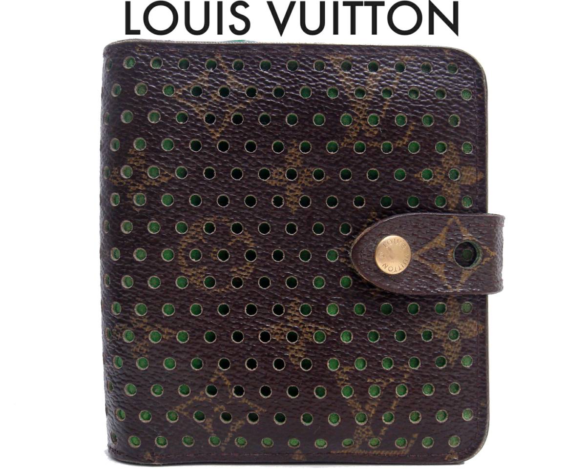 送料510円～LOUIS VUITTONモノグラム ペルフォ コンパクトジップ ヴェールM95218ファスナー小銭入れ付きグリーン2つ折り財布ルイヴィトン