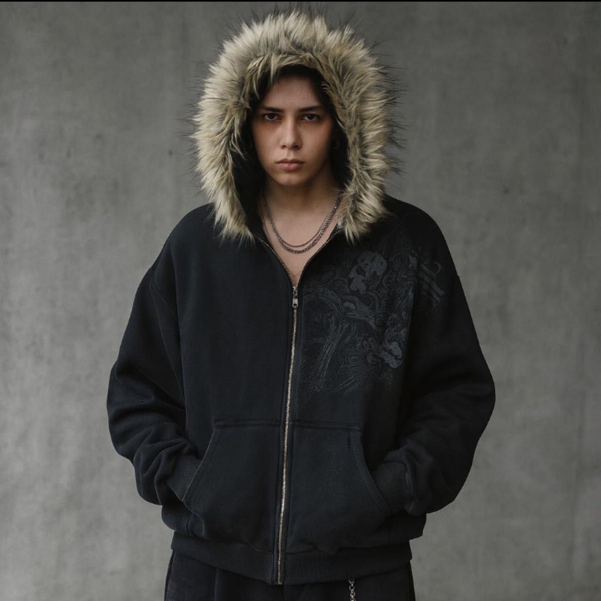 黒スカル柄 ファージップパーカー y2k グランジ 海外ストリート opium