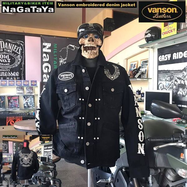 バンソン VANSON NVSI-2102 イーグル刺繍 デニムジャケット Gジャン Lサイズ ブラック バイカーウェア アウトローMC_画像1