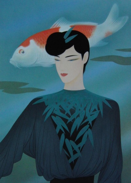 鶴田 一郎、【鯉と女性】、希少画集画、状態良好、美人画
