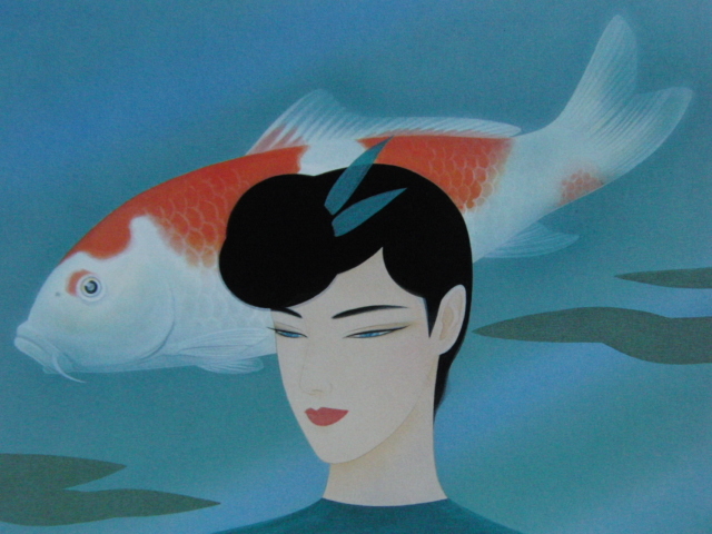 ヤフオク!   鶴田 一郎、鯉と女性、希少画集画、状態良好、美人画