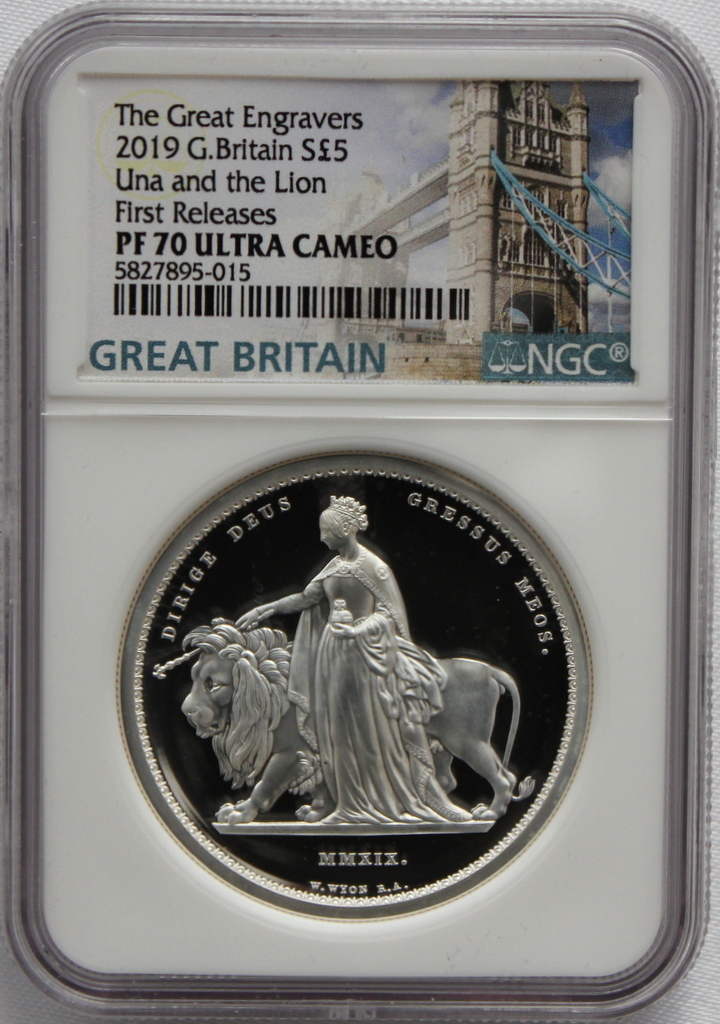 2019 イギリス ウナとライオン 5ポンド 銀貨 （2オンス）NGC PF70UC First Releases 最高鑑定!!_画像1