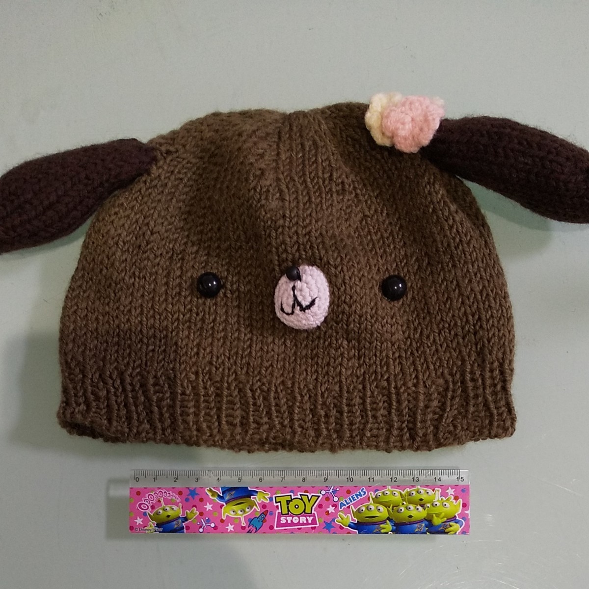 ハンドメイド　手編み帽子　幼児　毛糸 ニット帽　いぬ　犬　ブラウン　茶
