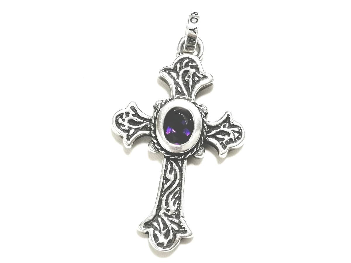 ☆美品 定価￥106,700 本物 正規品 ロイヤルオーダー Carved Cross w/ CZ カーブド クロス パープル ペンダントトップ シルバー925☆