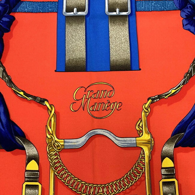 エルメス カレ90 赤 青 グランマネージュ スカーフ 大調教術 シルク 中古 美品 HERMES Grand Manege