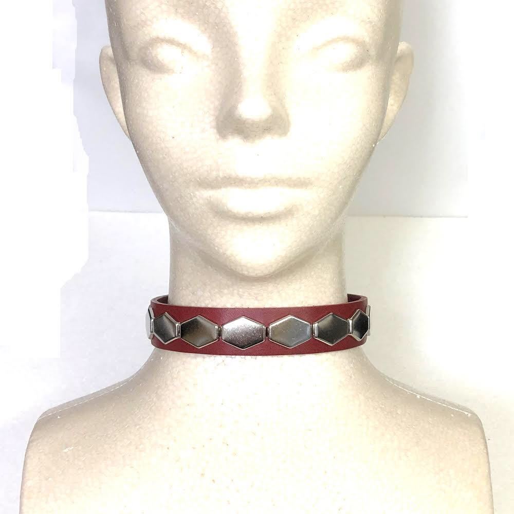  new goods leather studs choker red book leather silver Hexagon tack necklace neck band punk series lock series visual series V series cosplay hexagon NB74N