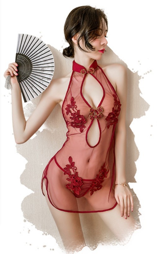 セクシー薔薇刺繍ランジェリー　コスプレ　チャイナドレス　エロい下着　紅Ａ３ コスプレ衣装